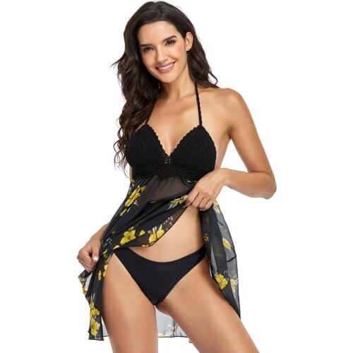 2021 New 2 Pieces Swimsuit Split Skirt Knitted Chiffon Swimwear Women Bikini Bandage Backless Top Bathing Suits