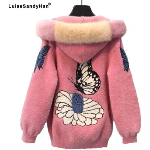2020 Female mink fur jacket autumn and winter womens coat loose embroidered thick velvet hooded sweater womens cardigan