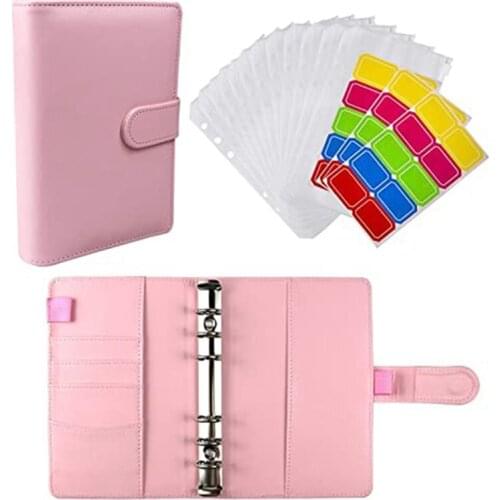 A6 PU Leather Notebook Binder Cover with 12Pcs Binder Pockets, Binder Loose Leaf Zipper Bags Envelope System Planner
