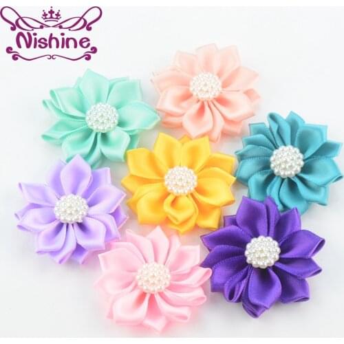 Nishine 30pcs/lot 1.8 Inch Multi Petal Mini Satin Rosette Flower with Pearl Button Children Headband Hair Accessories