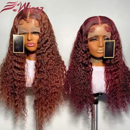 Highlight Ombre Brown Curly Wig Lace Front Human Hair Wigs 99J Colored Human Hair 13X4 Lace Front Transparent Lace Front Wigs