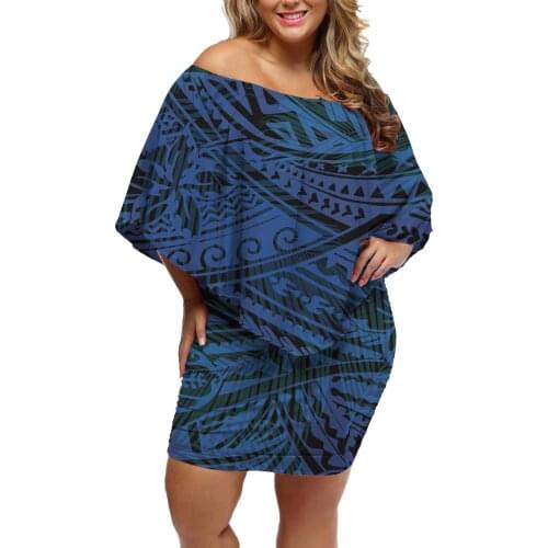 Hycool Polynesian Navy Stripe Samoa Casual Women Clothes Elegant Sexy Plus Slash Neck Summer Loose Dress For Women Bodycon Dress