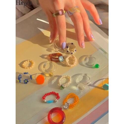 HangZhi New Korean Trendy Cute Smiley Face Transparent Crystal Flowers Pearl Acrylic Beaded Rings for Women Girls Party Jewelry