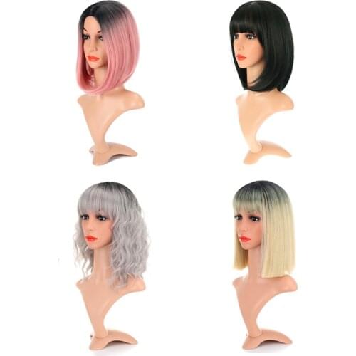 Short Bob Wig With Bangs Women Straight Wave Synthetic Heat Resistant Blonde Colorful Ombre Costume Wigs Cosplay Wig 14 Inch