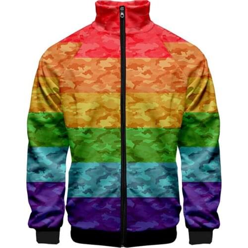 Colorful 3D Stand Collar LGBT Rainbow Flag Lesbians Gays Men Women Zipper Hoodies Jackets boy girl zip up turtleneck Sweatshirt