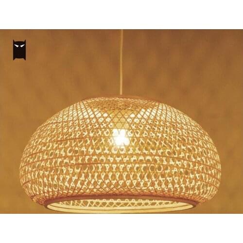 Round Bamboo Wicker Rattan Shade Pendant Light Fixture Nordic Scandinavian Rustic Japanese Hanging Ceiling Lamp E27 Bulb 220V