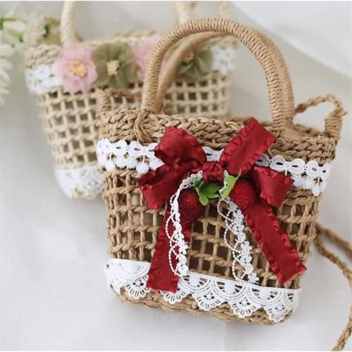 Lolita Strawberry Bow Box Basket Straw Handbag Girl Kawaii Cosplay Picnic Photo Outdoor Bag Props B1785