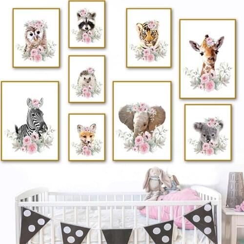 Cute Deer Zebra Lion Rabbit Fox Flower Nordic Posters And Prints Wall Art Canvas Painting Nursery Wall Pictures Kids Room Decor