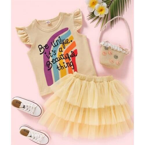 Fashion Style sets Rainbow Printing T-Shirt and Skirt Child Girl Summer Clothing Set