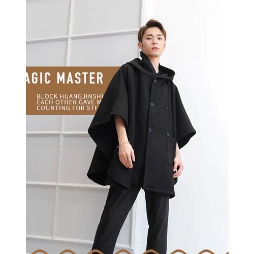 Double row button garden hooded cape fashion casual loose tweed coat autumn and winter shirt trendy mens personality coat