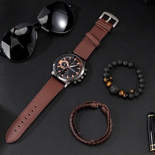 Gift Box for Men Brown Quartz Leather Watch Simple Dial Clock Pin Buckle Mens Exquisite Bracelet Chain Best Gifts for Boyfriend