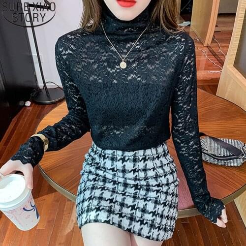 Sexy Black Autumn Long Sleeve Slim Shirt Women Mesh Blouse Hollow Bottoming Shirt Korean Half High Collar Lace Blouse 17200