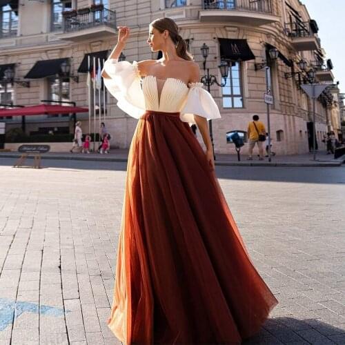 Elegant Special Occasion Evening Dresses Sexy Strapless Flared Sleeves A Line Long Prom Party Dress with Tulle Skirt 2021