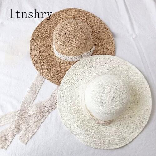 2019 Summer womens sun hat Lace Ribbon Breathable cap Bucket cap Visor Sunscreen Foldable tourism Beach hat Holiday Gorra Mujer