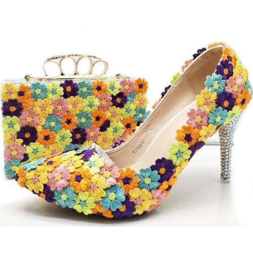 Pointed Toe 3 Inches Middle Heel Bride Wedding Shoes with Purse Multicolor Lace Flower Women Party Prom Pumps with Handbag