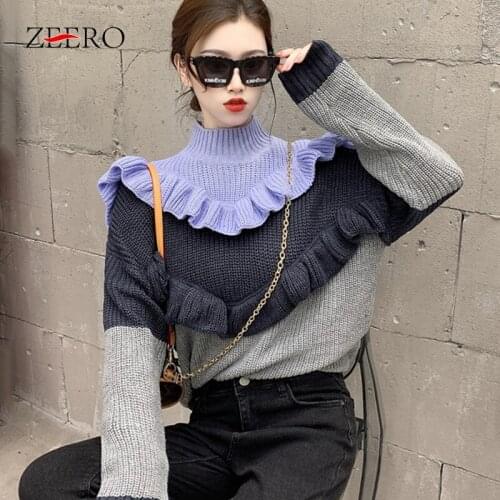 Autumn Winter Women Knitted Multi-color Stitching Stand-up Collar Raglan Sleeve Sweater Top Female Loose Ruffle Pullover Sweater
