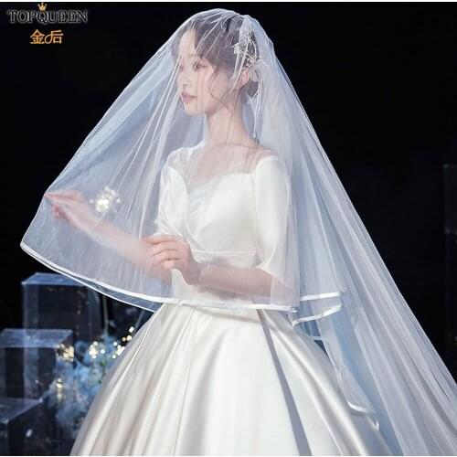 TOPQUEEN V21 Amanda Novias Long Veil for Wedding Double Layer Bridal Veils with Ribbon Edge Soft Tulle Veil Cathedral Length