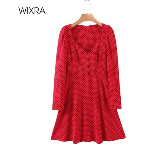 Wixra Womens Short Dresses A Line V-Neck Long Sleeve Dot Print Ladies Holiday Street Style Clothing Summer Autumn