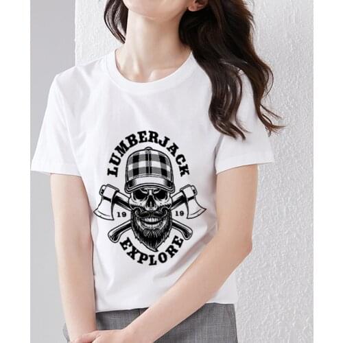 Womens Summer White T-shirt Personality Beard Funny Skull Print Shirt Street Casual Commuter Round Neck Short-sleeved Shirt