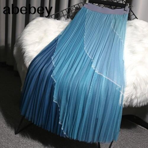 2021 Spring Summer 3 Layers Korean Style Elegant Women Patchwork Mesh High Waist Midi Long Tulle Pleated Skirt Female