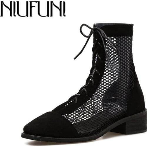 NIUFUNI Womens Mesh Round Toe Low-heel Ankle-high Summer Sandals Boots Breathable Gladiator Sandals New Rome Party Shoes Lady