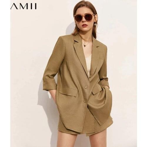 Amii Minimalism Summer New Womens Suit Coat Offical Lady 100%Linen Solid Women Blazer Causal High Waist Womens Shorts 12130090