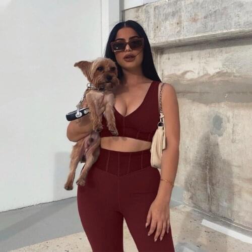 Womens Jumpsuit V-Neck Sets Sexy Tracksuits Fitness Crop Top Female Split Stacked Leggings Suit Two Piece Set Sporty Outfits