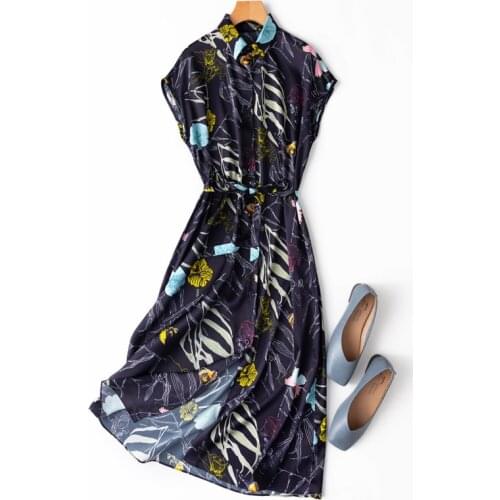 Womens 100% Silk luxury Fashion Heavy Long Dress Elegant Shirt-style short sleeves flowers Prints One Size L1118