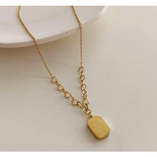 VSnow Minimalist Square Geometrical Letter Pendant Necklace for Women Girls Gold Love Heart Hollow Out Chain Necklace Jewellery