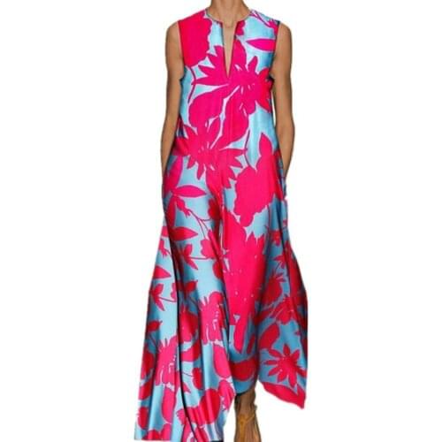 Summer Elegant Women Maxi Dress V-Neck Leaf Printing Plus Size Loose Casual Sleeveless Wide Hem Wedding Banquet Dresses Party