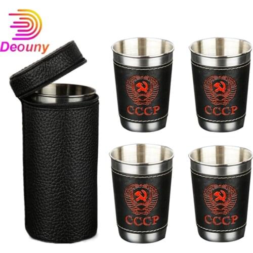 4Pcs CCCP Stainless Steel Wine Glasses Shot Cup Drinking Portable Mug With Leather Cover Bag Case Outdoor Hip Flask Bar Sets