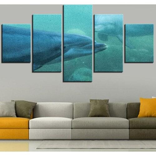 5 Pieces Two Dolphins Canvas Painting Fishes Posters Smile Animal Pictures Sea Wallpapers For Home Room Decor Ocean Park Decor