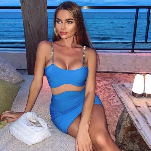 Ailigou Woman Sexy Fashion Crystal Diamond Hollow Lace Mesh Sky Blue Bandage Dress Sparkling Celebrity Tight Party Dress Vestido
