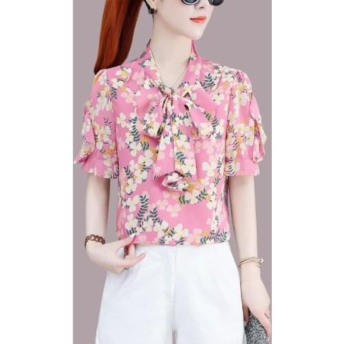 Summer Chiffon Women Blouses Temperament Elegant Shirts Lace Scarf Collar Bow-Knot Print Loose Aesthetic Tops Blusas MM0666