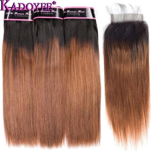 Ombre Brazilian Hair Straight 1B/30 Brown Human Hair Weave Bundles With Closure 3+1 Bunldes Remy Hair Weft Extensions 10-26 Inch