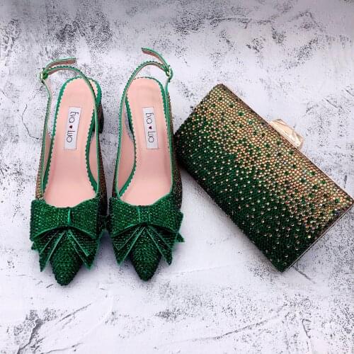 BS1271 Custom Handmade Green Gold Crystal SlingBacks Dress Pumps Big Size High Heel Women Shoes Bridal Wedding Shoes And Bag Set