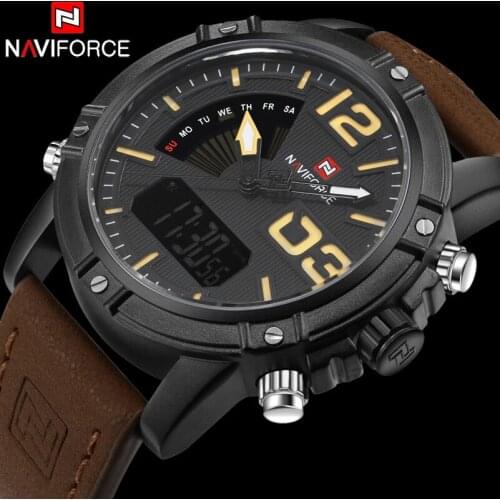 NAVIFORCE Brand Leather Quartz Watch Men LED Digital Watch Dual Wristwatches montre homme relogio masculino