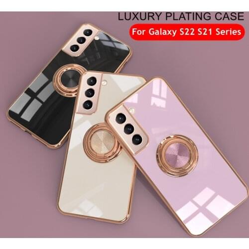 Case For Samsung galaxy S21 Plus 5G Luxury Plating Soft TPU Ring Holder Phone Cover Silicone Back Protective Case For S21 Ultra