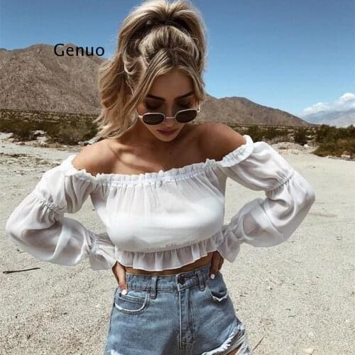 Elegant Ruffles Flare Long Sleeve Shirt Women See Through Solid White Crop Tops Tees Casual Short Tee Shirt Womens