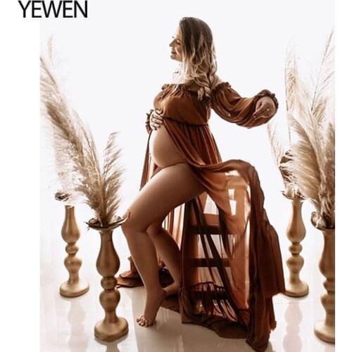 Elegant Chiffon Maternity Dress Long Sleeves Front Slit Maternity Dress for Baby Shower Fancy Photography Props Dress YEWEN