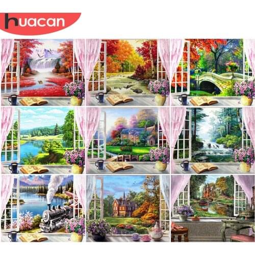 HUACAN Paint By Number Window Landscape For Adults DIY Frame Picture By Numbers House Acrylic Paint On Canvas Home Decor