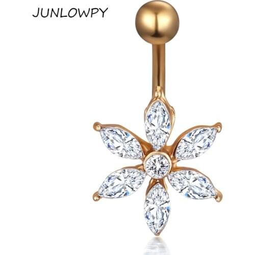 JUNLOWPY 20PCS Navel Piercing Belly Button Ring Jeweled 5 Zircon Flower Gold Cute Bell Bar 14G Stainless Steel Sexy Body Jewelry