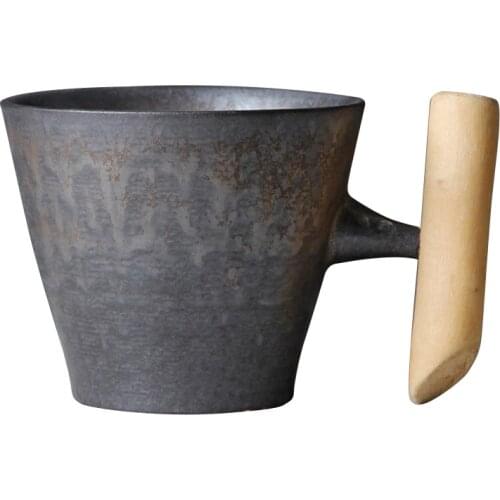 Ceramic Coffee Cup Tumbler Rust Glaze Tea Milk Beer Mug Japanese Style Retro Wooden Handle Water Cup Home Office Drink