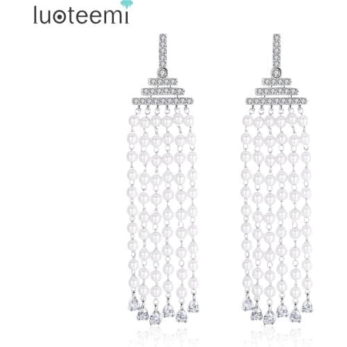 LUOTEEMI New Fashion Imitation Pearls Beaded Tassel Long Dangle Earrings Paved AAA CZ Bohemian Earring For Noble Women Jewellry