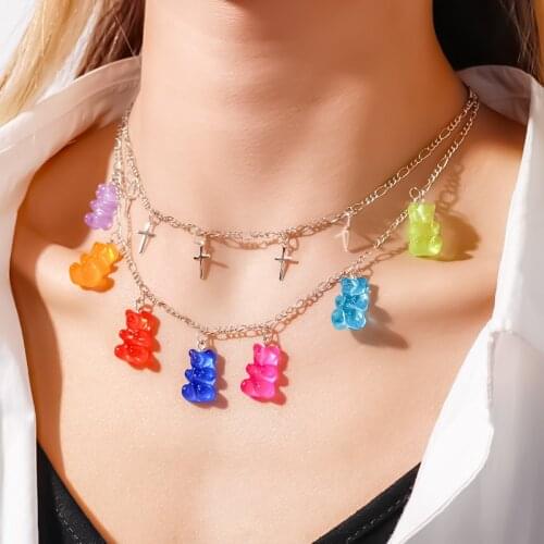 Fashion Double Metal Chain Necklace With Transparent Color 7 Colors Bear Cross Five-pointed Star Demon Eye Pendant Necklaces