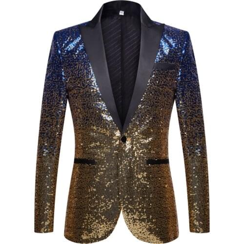 Men Golden Blue Gradient Sequin Blazer For Groom Wedding Evening Party Host Male Singer Bar Nightclub Glitter Coat Stage Costume