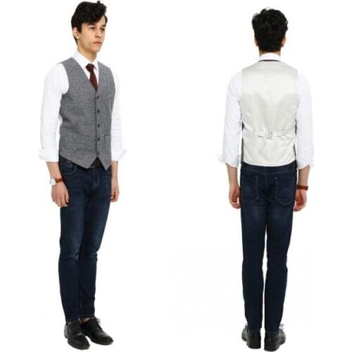 Men’s Tweed Vest Wool Satin 5 Buttons Custom Made Waistcoat Slim Fit Business Formal Wedding Grooms Best Man Suit Vests
