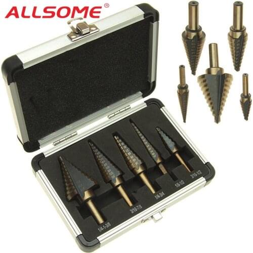 ALLSOME 5pcs/Set HSS COBALT MULTIPLE HOLE 50 Sizes STEP DRILL BIT SET w Aluminum Case HT410