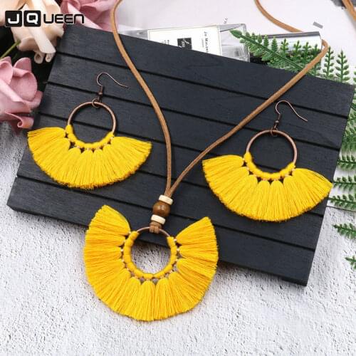 New Arrival Colorful Tassels Jewelry Set Handmade Weave Womens Multi-storey Yellow Long Chain Sweater Pendant Necklace Sets