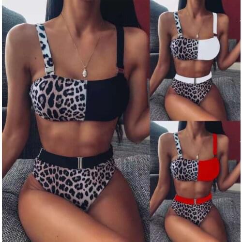 New Sexy Female Leopard Print Solid Color Stitching High Waist Bikini Swimsuit Female High Waist Brazilian Fashion Swimsuit